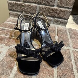 Badgley Mischka Effie Diamante Bow Square Toe Stiletto Sandal in Black 6.5 #132